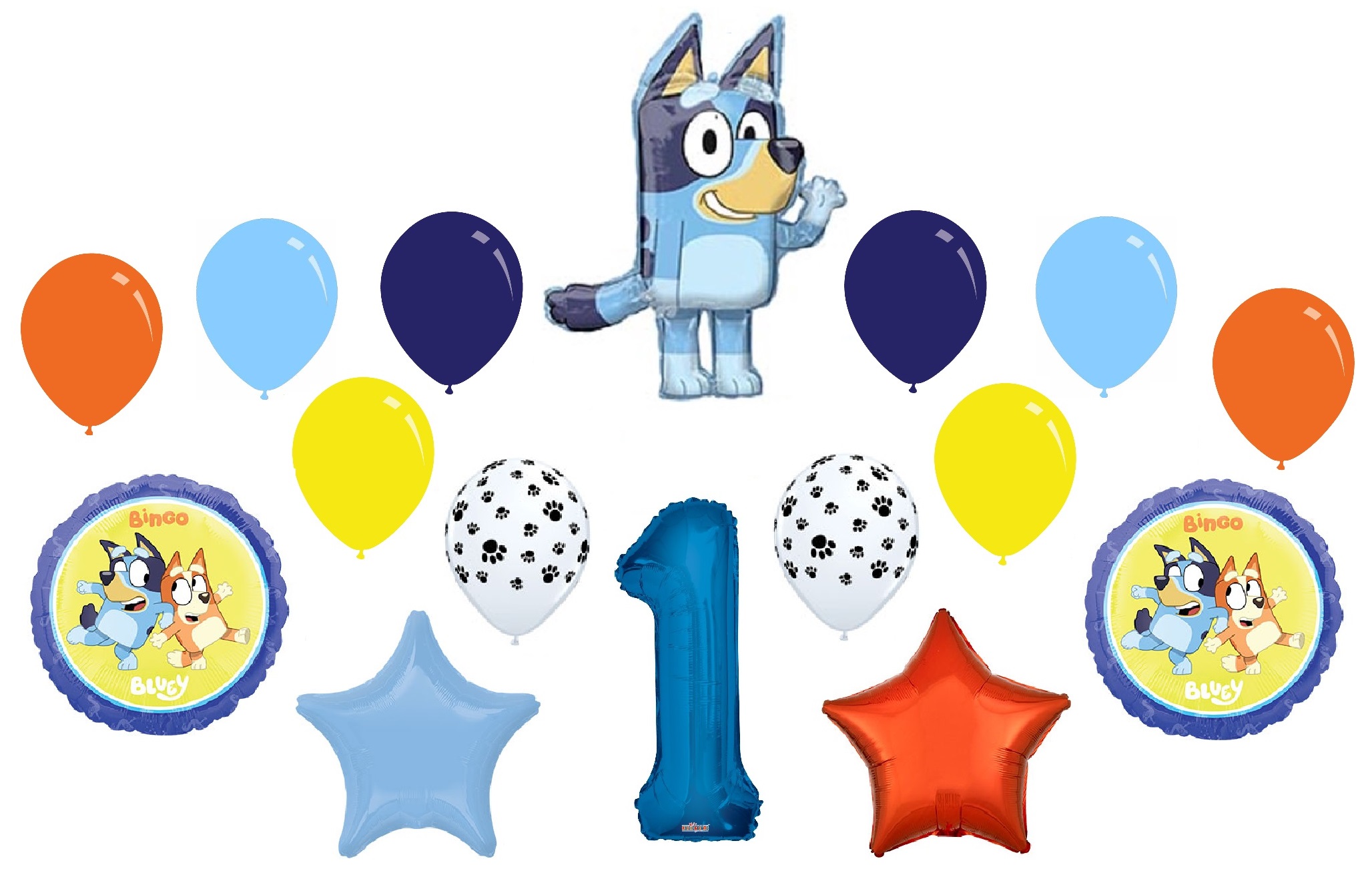 Bluey 1st Birthday Party Bingo Blue Heeler Dog Puppy 16 Piece Mylar  Balloons Set Made in the USA!